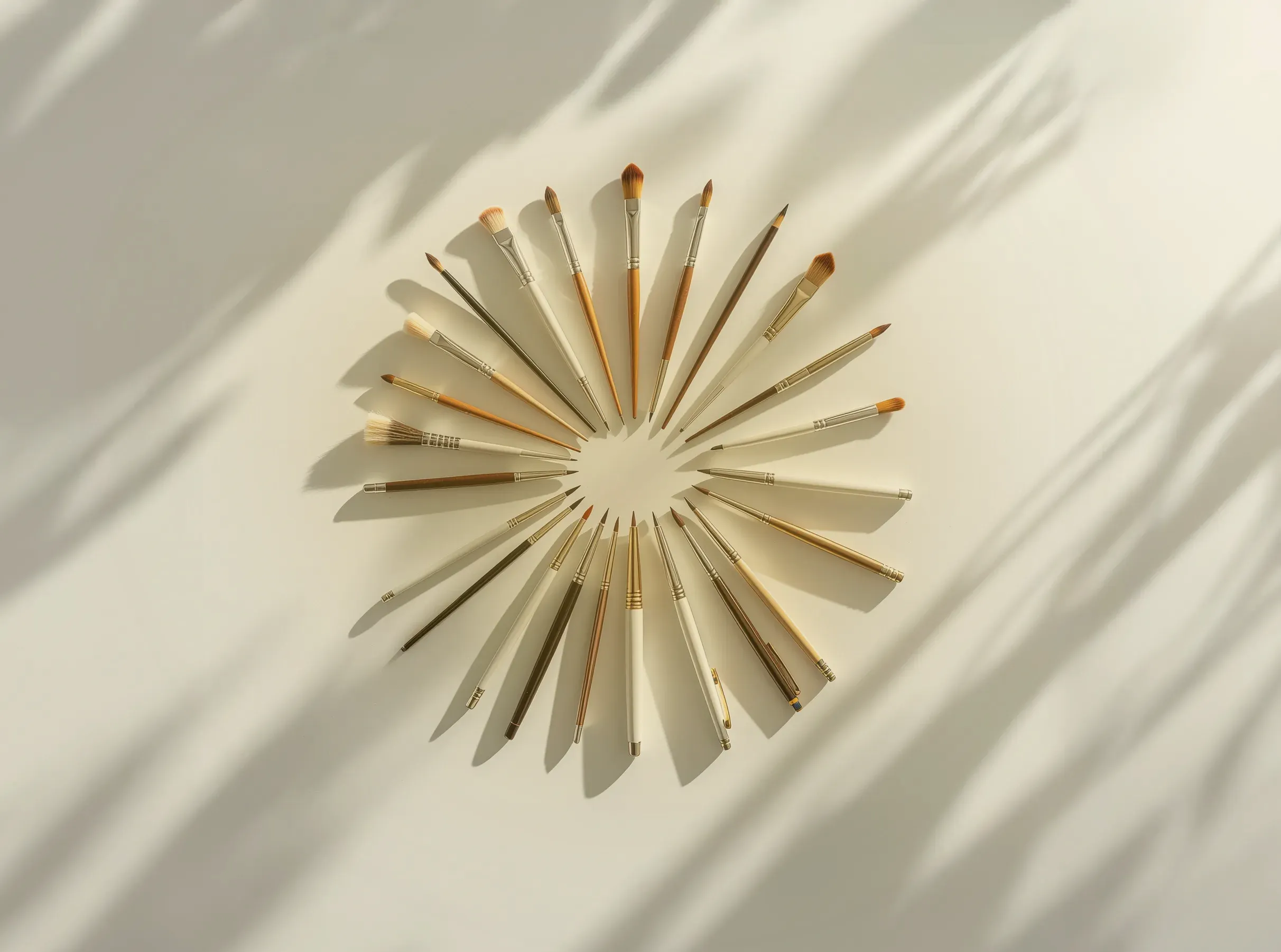 白背景に扇状に並んだ筆記具